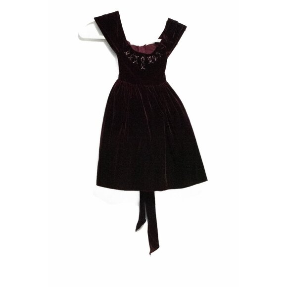 Kiki Kids Girls Red Velvet Dress Sequins Tie Knee Length Scoop Neck Cap Sleeve 2 - Picture 1 of 5